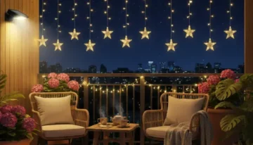 Solar balcony light installed on a modern balcony, acting as a balcony lamp and LED lights for balcony, solar-powered and automatic.