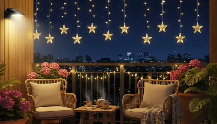 Solar balcony light installed on a modern balcony, acting as a balcony lamp and LED lights for balcony, solar-powered and automatic.