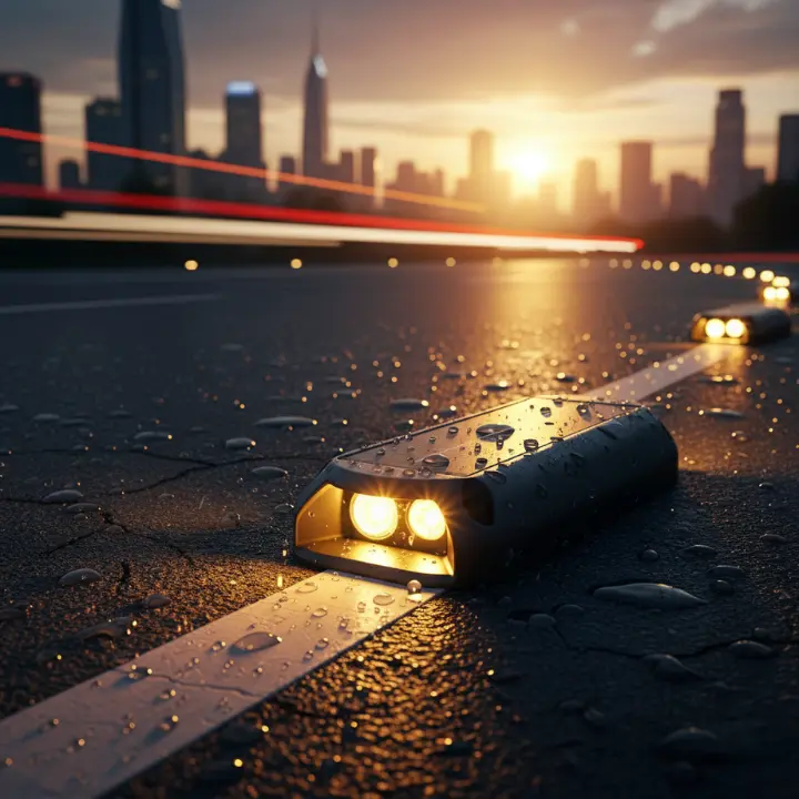 Solar road stud lights glowing on asphalt at night, eco-friendly solar road lights with bright LED light for outdoor safety.