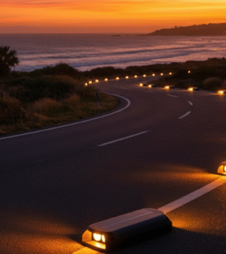 Solar road stud lights glowing on a highway at night, showing energy-efficient LED illumination.
