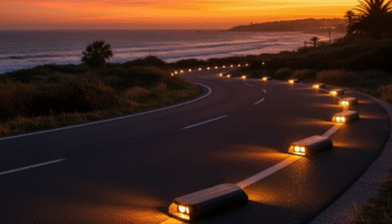 Solar road stud lights glowing on a highway at night, showing energy-efficient LED illumination.