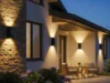 Solar powered outdoor garden lights installed on boundary walls, weatherproof and long-lasting.