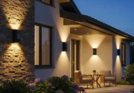 Solar powered outdoor garden lights installed on boundary walls, weatherproof and long-lasting.