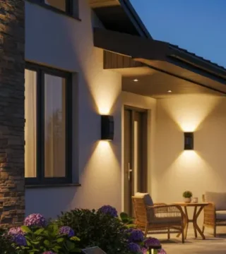 Solar powered outdoor garden lights installed on boundary walls, weatherproof and long-lasting.