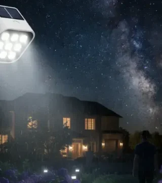 Outdoor solar motion sensor light with LED solar lantern outdoor, eco-friendly lighting for walkway.