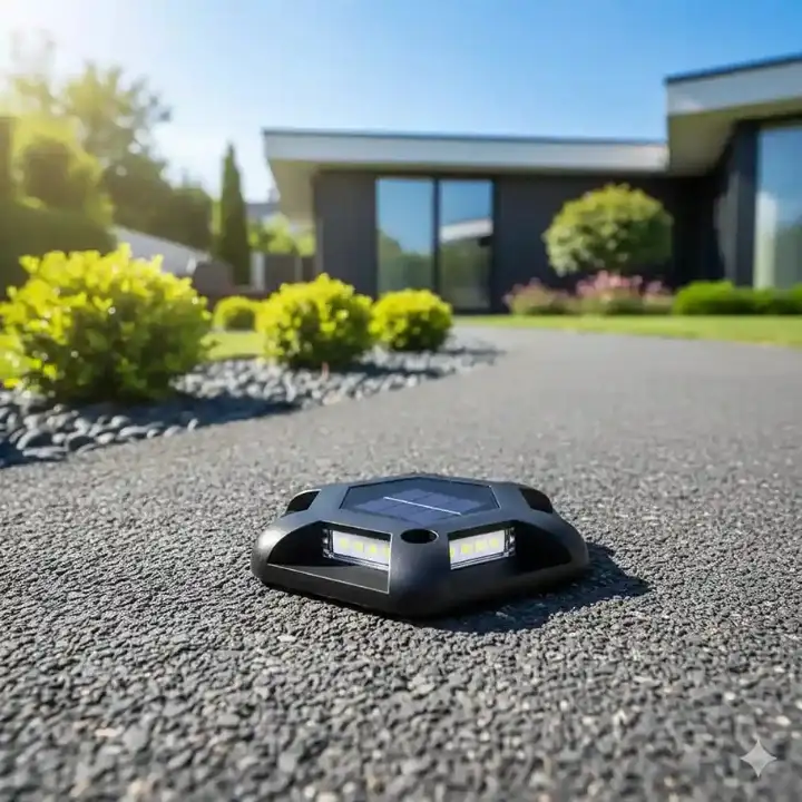 Safety-focused solar road lights marking lanes at night, powered by solar for outdoor lights, with bright LED light.