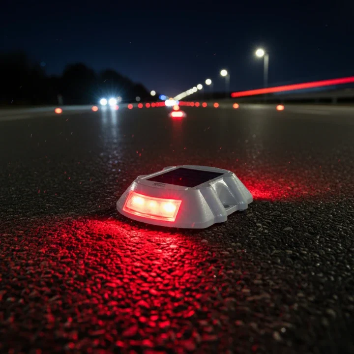 Nighttime highway illuminated with durable solar road lights, featuring bright LED light for safe driving