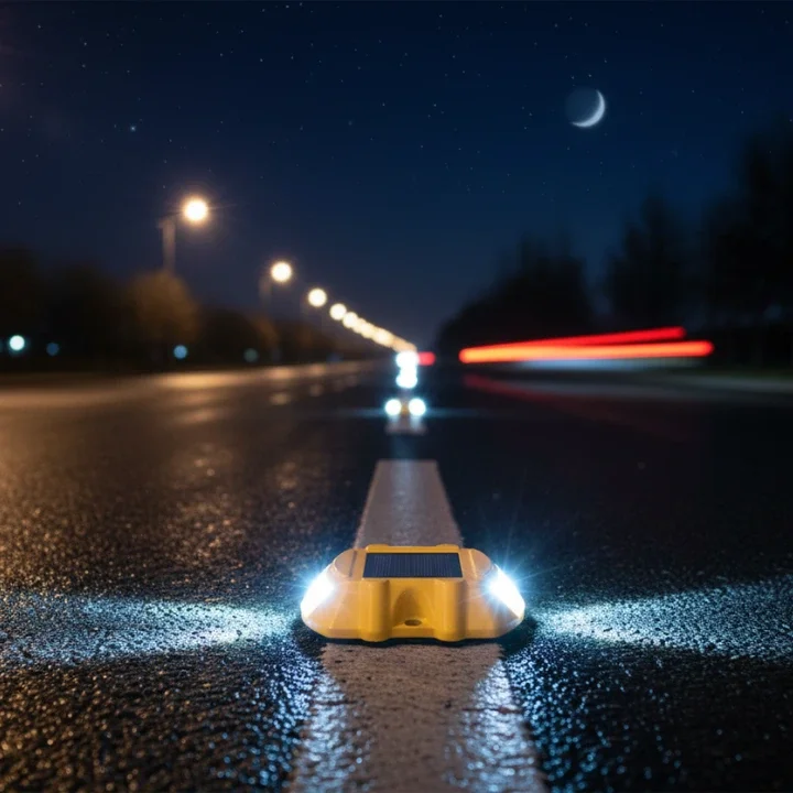 Modern street with reflective solar road studs, LED light powered by solar for outdoor lights energy.