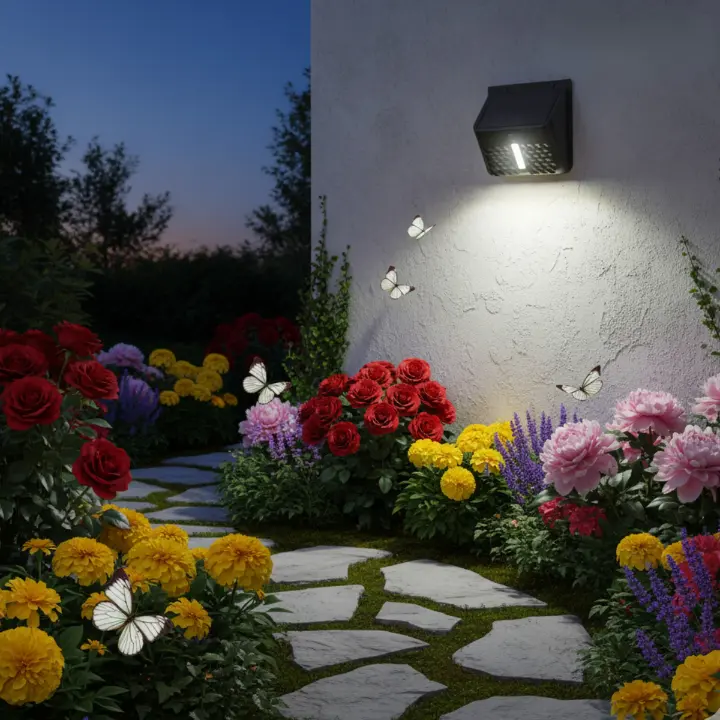 Solar wall lamp outdoor glowing on home exterior wall
