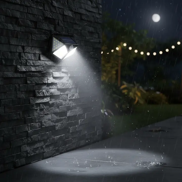 Solar motion detector lights along garden walkways, eco-friendly solar powered security lights providing bright and reliable outdoor lighting.