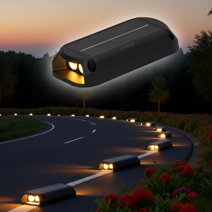 Eco-friendly solar road stud light installed along the roadside, enhancing road lights visibility in darkness.